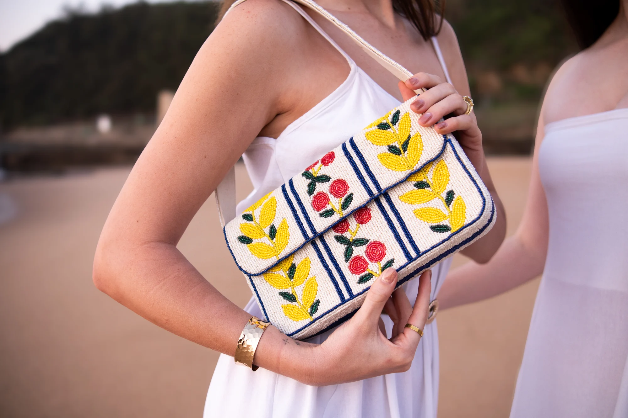 Close-up of a colourful beaded bag